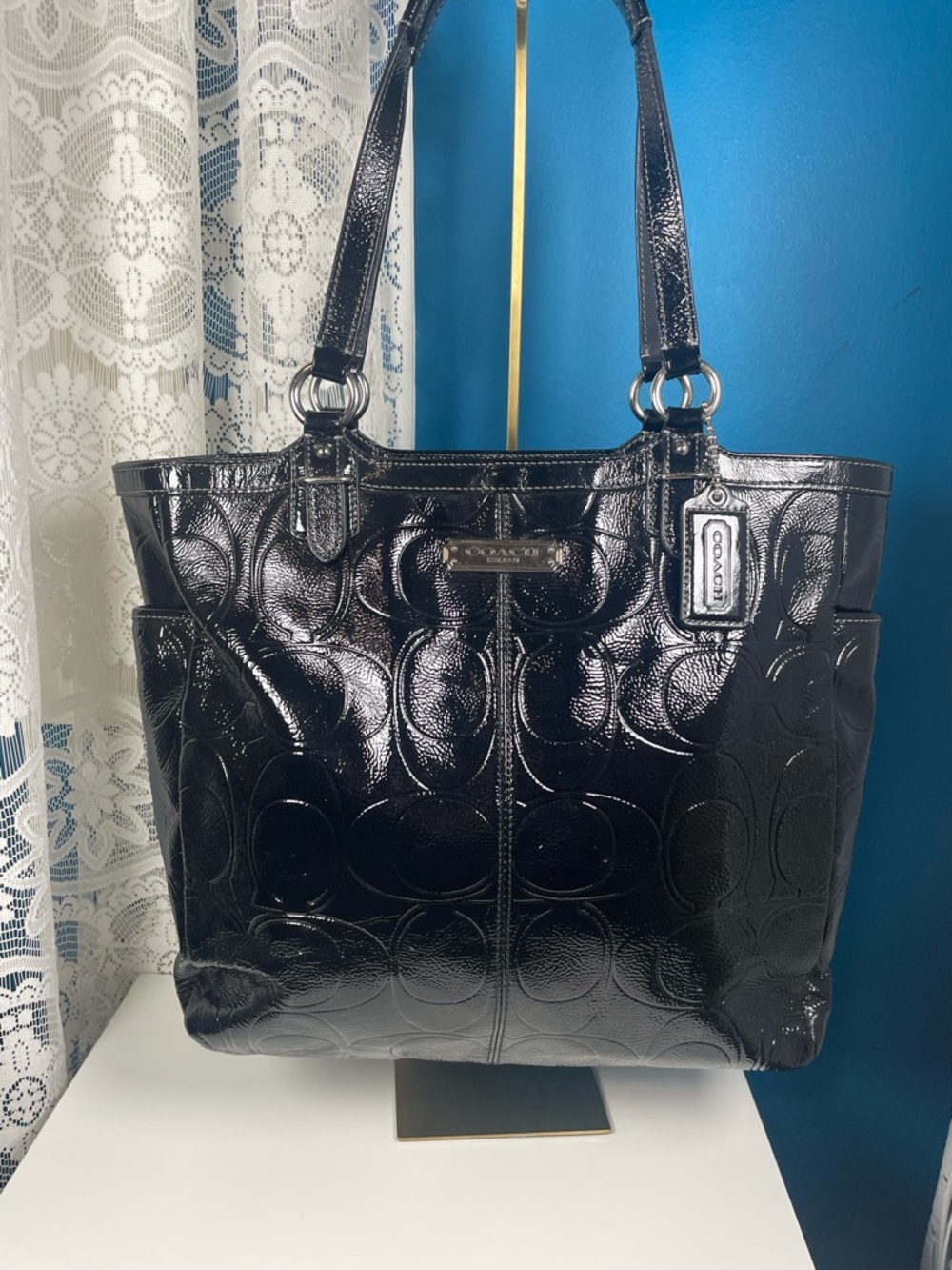 Coach Gallery Embossed Patent Leather 11 in H x 15 in Top L x 11.5 in L Bottom